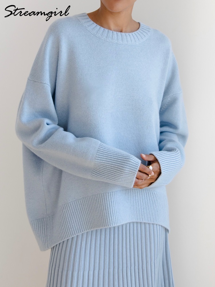 Women's Knits Tees Light Blue Oversized Sweaters For Women Fashion Green Loose Sweater Casual Autumn Pullovers For Winter Women Warm Sweater 2210