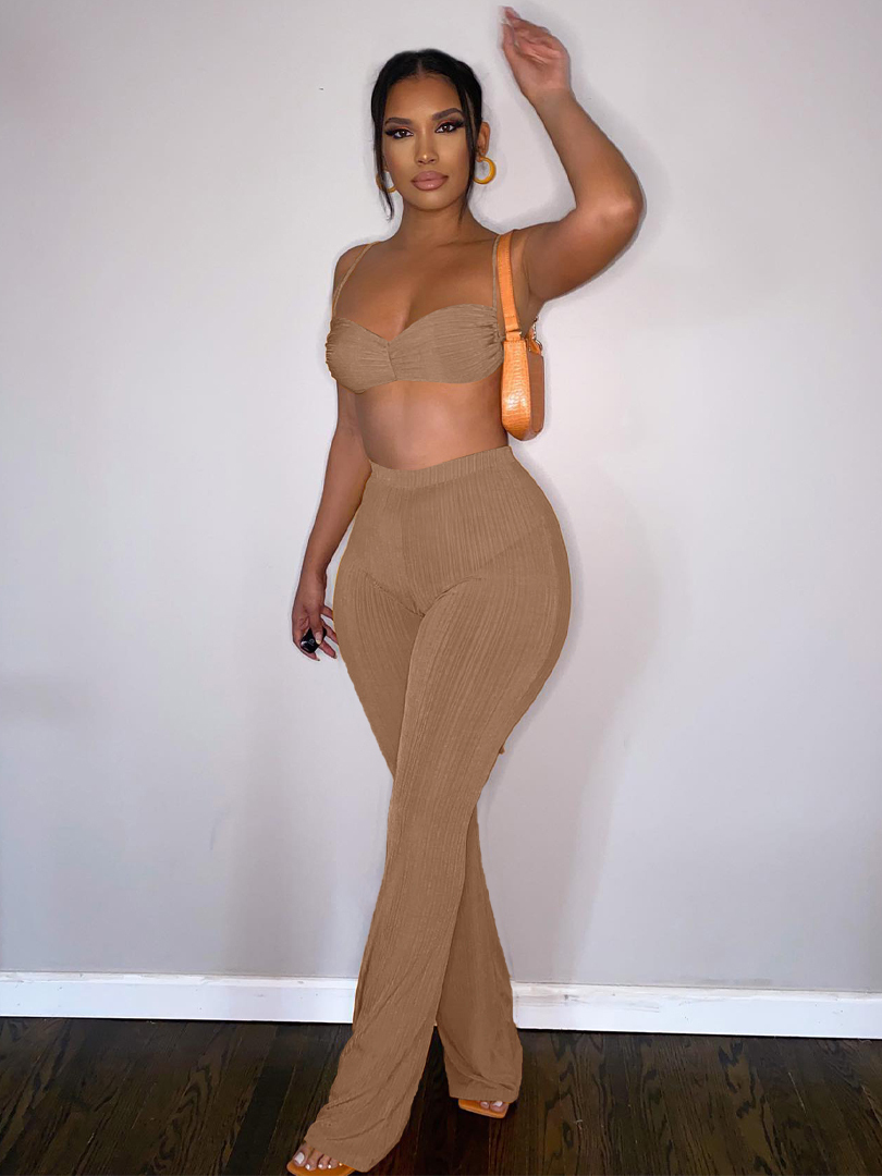 Women's Two Piece Pants Hugcitar Stripe Ribbed Women 2 Piece Set Lace Up Ruched Camis Crop Top Bell Flare Pants Suit Matching Outfits Sportswear 