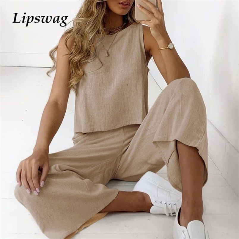 Women's Two Piece Pants Spring Summer Women Cotton Linen Set Casual Sleeveless O-neck Shirt and Loose Pants Suits Spring Summer Solid Two Piece S
