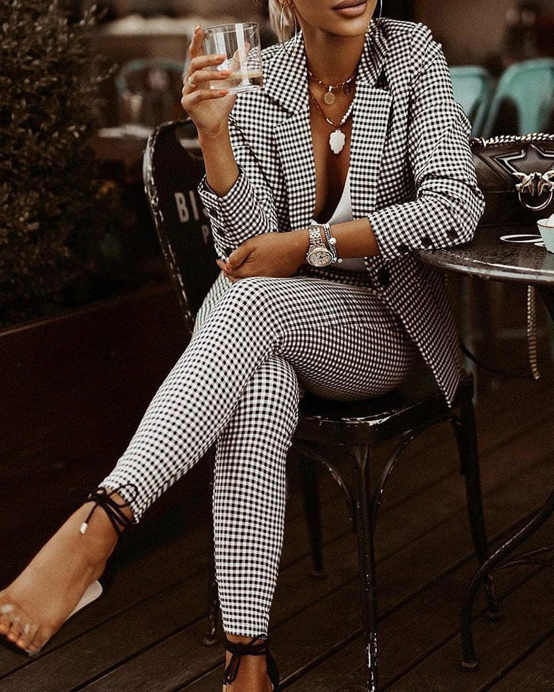 Women's Two Piece Pants Plaid Print Lapel Collar Blazer Pants Set Women 2pcs Clothes Suit Pants Suits Spring Autumn Fashion Casual 221007