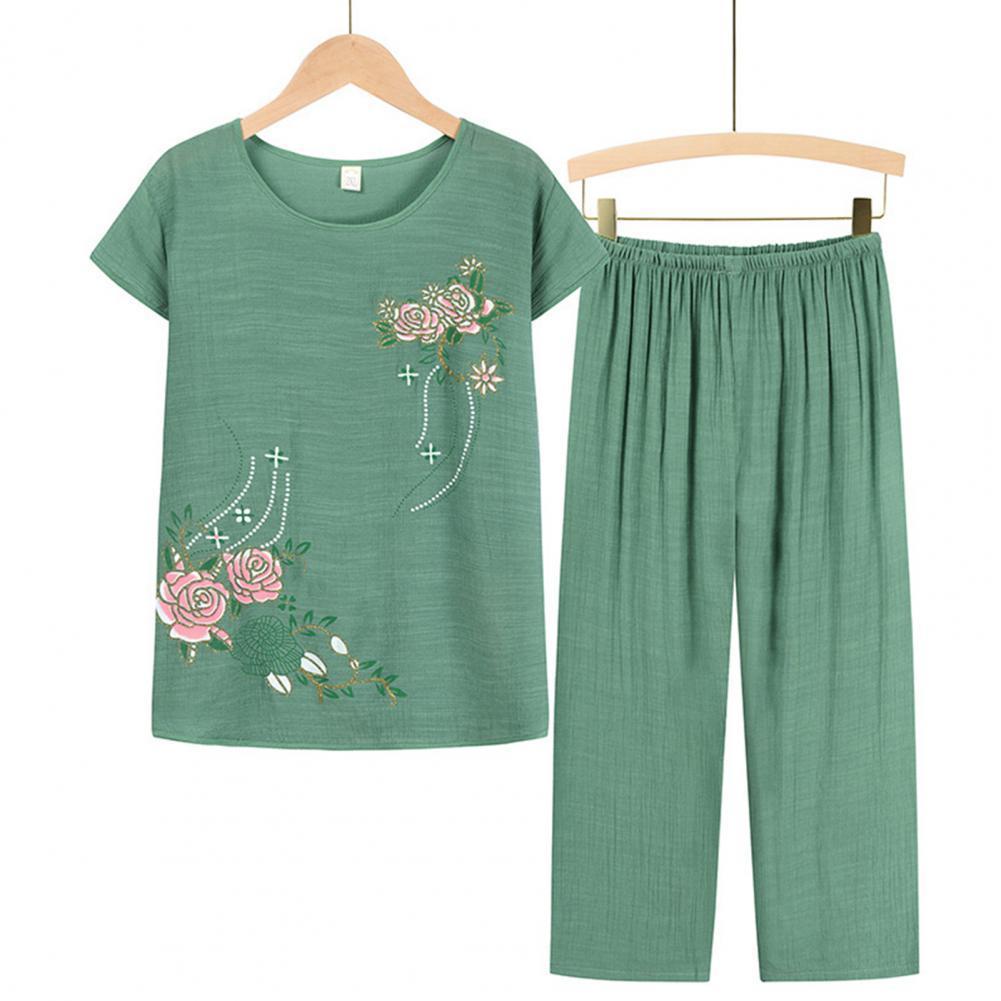 Women's Two Piece Pants Summer Women Homewear Set Short Sleeve Floral Print T-shirt Pants Loose Two Pieces Set Women Outfit Mom Middle-aged 22100