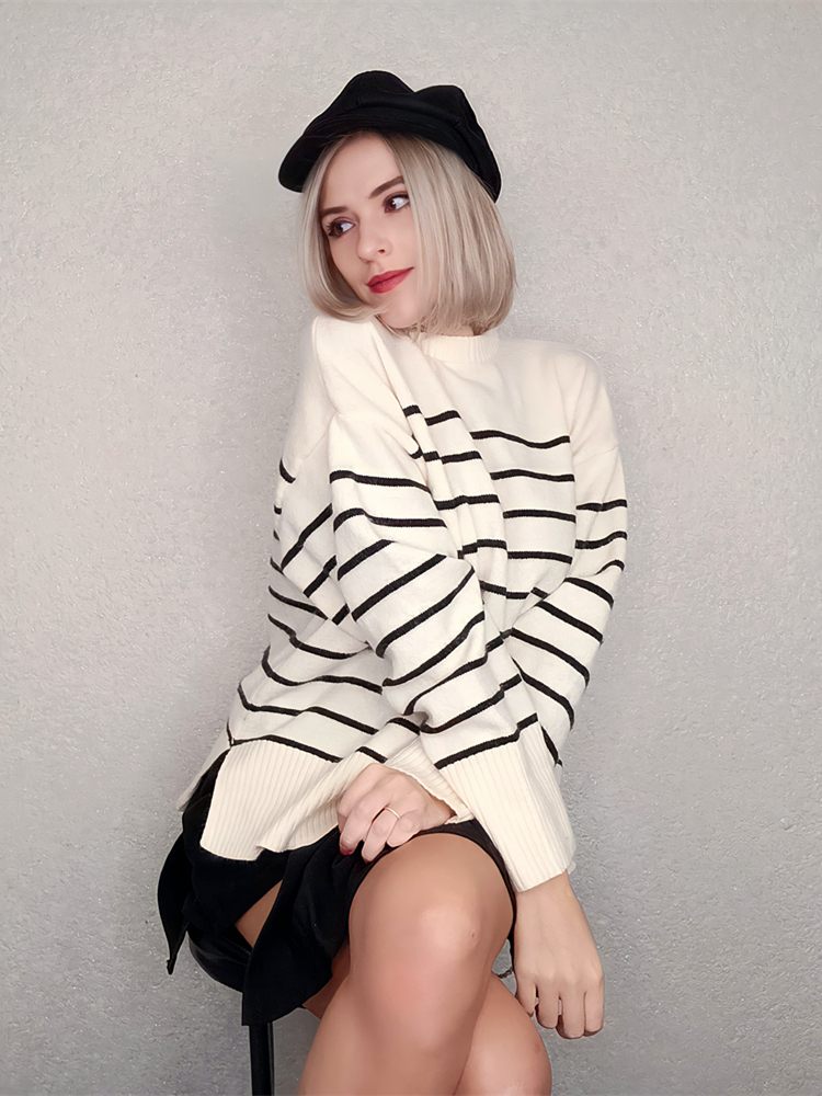 Women's Knits Tees Ladies Oversize Loose Autumn Winter Sweater Women Striped Warm Casual Knit Basic Chic Jumper Pullover Women Sweater Top Female