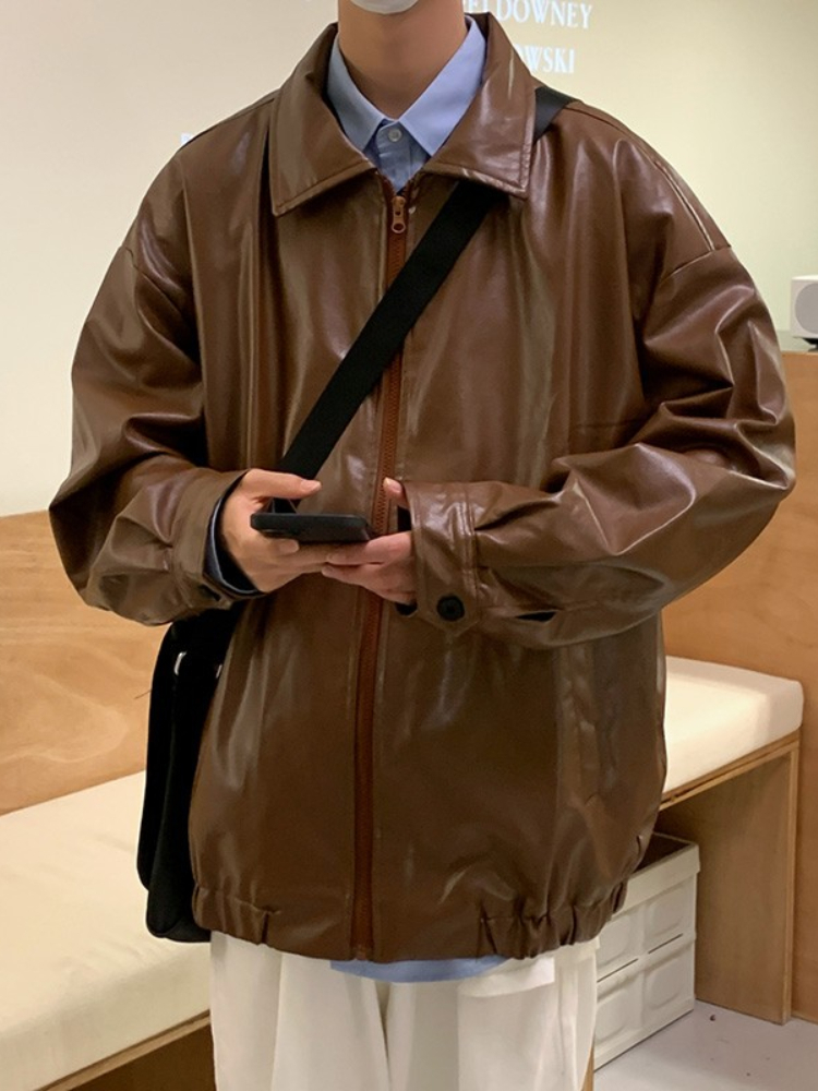 Men's Leather Faux Gmiixder Handsome PU Jacket Trend High Street Autumn and Winter Loose All-match Teen Solid Lapel Coat Men 221006