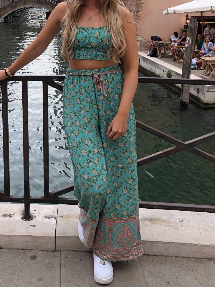 Women's Two Piece Pants Vintage Chic Women Floral Print Outfits Strap Sleeveless Tops Bohemian Suits Drawstring Pants 2 Pieces Rayon Cotton Boho 