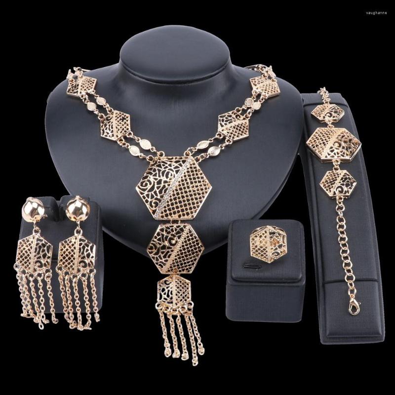 Necklace Earrings Set Dubai Gold Bridal Wedding Gifts For Women Saudi Arab Bracelet Ring Hexagon Tassel Jewellery, Picture shown
Necklace Earrings Set Dubai Gold Bridal Wedding Gifts For Women Saudi Arab Bracelet Ring Hexagon Tassel Jewellery, Picture shown