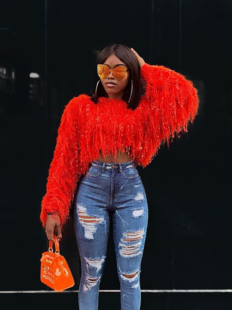 Women's Sweaters Knitted Tassel Women Pullover Sweater Solid Handmade Long Sleeve O-Neck Short Party Fringe Female Streetwear Tops 221007