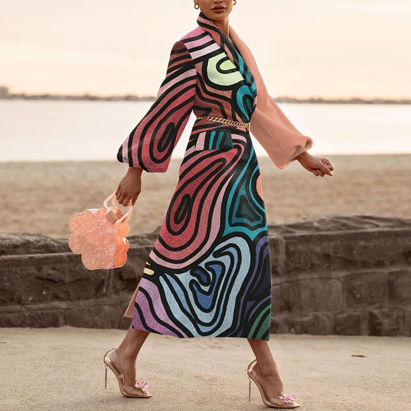 Womens Wool Blends Women Fashion TurnDown Collar Print Woolen Long Coat Vintage Pttern Sleeve Loose Warm Overcoat Lady Outweats 221007