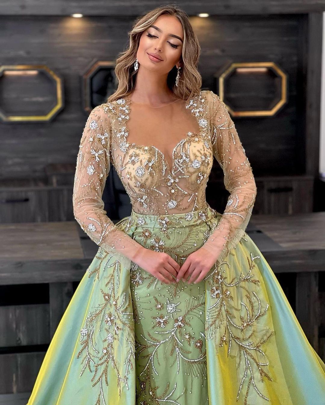 Luxurious Beads Mermaid Evening Dress Detachable Train Illusion Full Sleeve Custom Made Women Crystal Party Gown Prom Robe