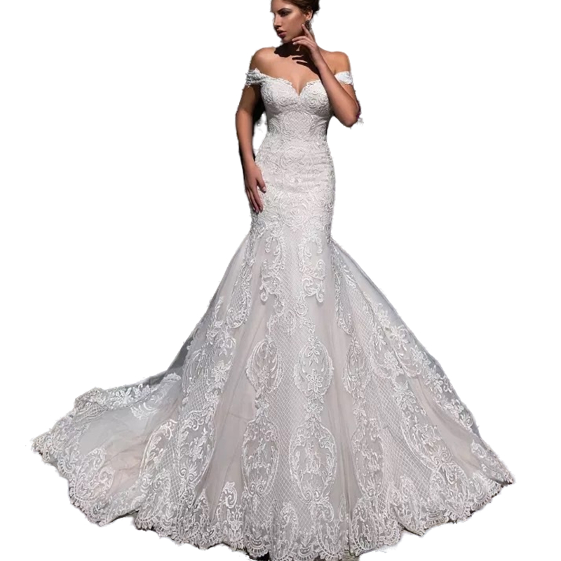 Eleagant Mermaid Wedding Dresses Off Shoulder Lace Appliqued Back Lace-up Plus Size Bridal Gowns Court Train 2023 New Vestido De Novia