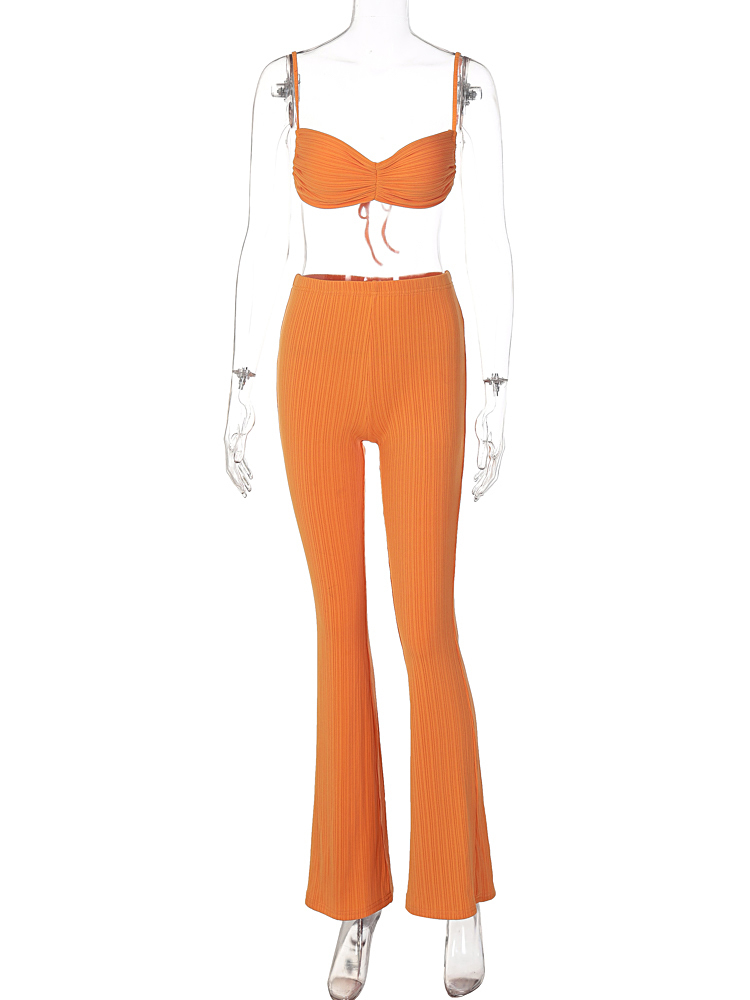 Women's Two Piece Pants Hugcitar Stripe Ribbed Women 2 Piece Set Lace Up Ruched Camis Crop Top Bell Flare Pants Suit Matching Outfits Sportswear 
