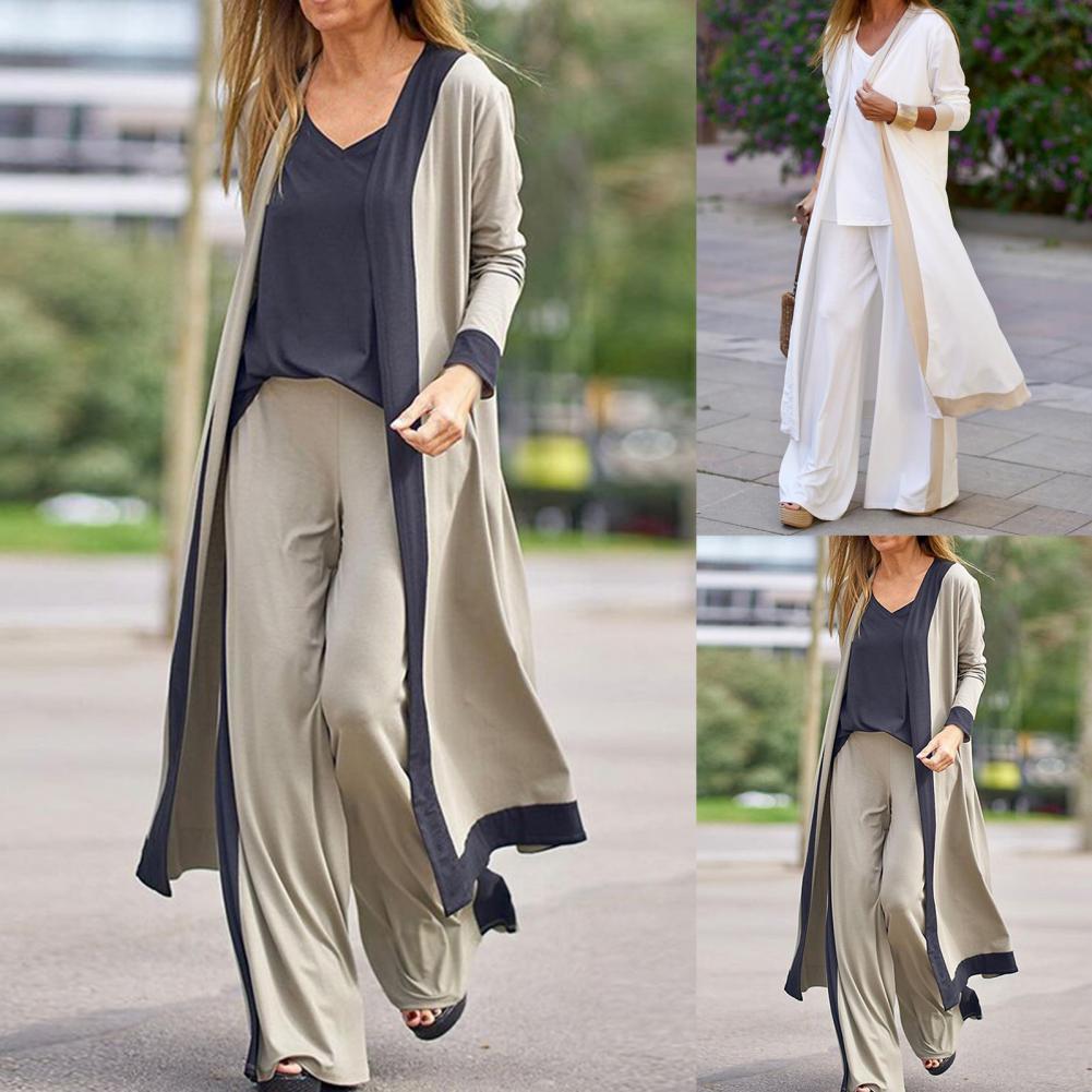 Women's Two Piece Pants Autumn Winter 1 Set Stylish Cardigan Coat Sling Top Pants Homewear Set Three-Piece Women Outfit Color Block for Office 22