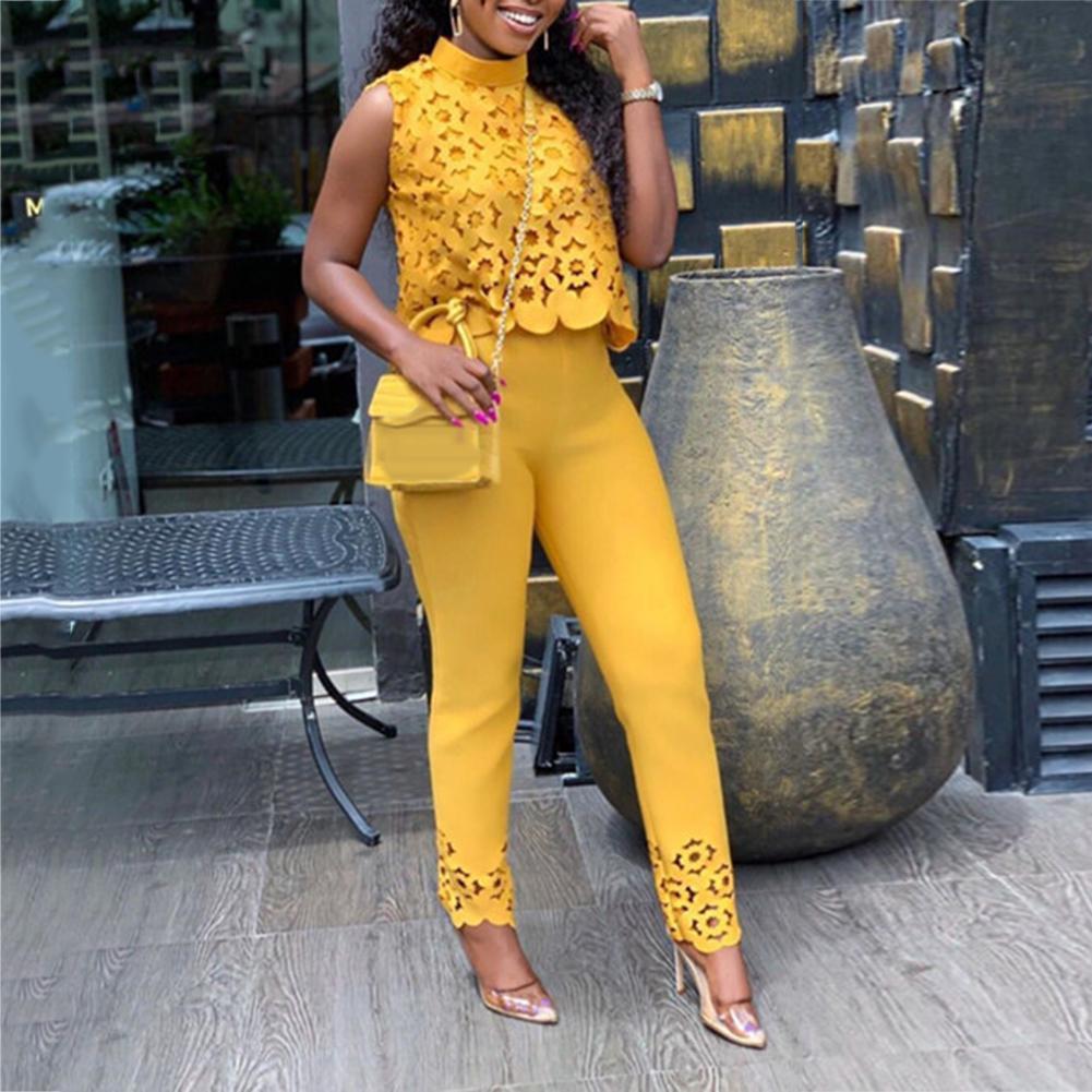 Women's Two Piece Pants Solid Color Two Piece Set Women Pant Suits Sexy Hollow Lace Sleeveless Pullovers Crop Top Long Pants Women Outfit Tracksu