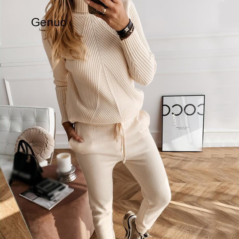 Women's Two Piece Pants Autumn Winter Women's Tracksuit Solid Color Striped Turtleneck Sweater and Elastic Trousers Suits Knitted Two Piece 
