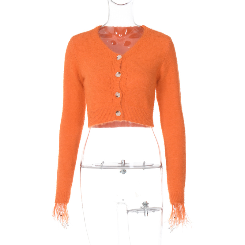 Women's Knits Tees Hugcitar Orange Long Sleeve Feather Knit Buttons Cardigan Sexy Crop Top Sweater Autumn Women Korean Party Y2K Halloween Clothe