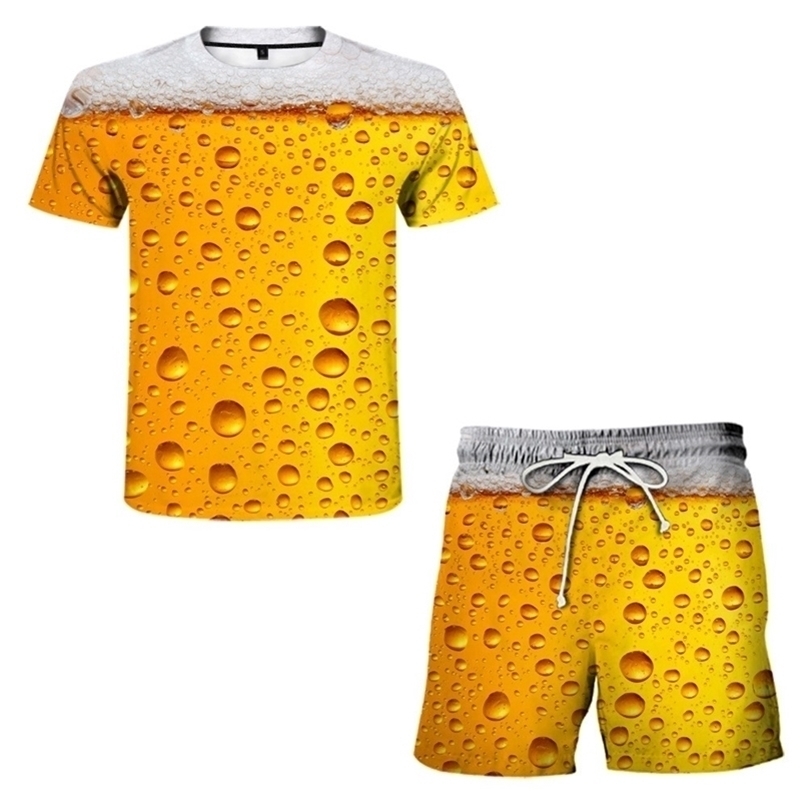 Men's Tracksuits Summer Hip Hop Casual Hawaiian Beer 3D printed men's suit 2 pieces casual O-collar shirt shorts 221006