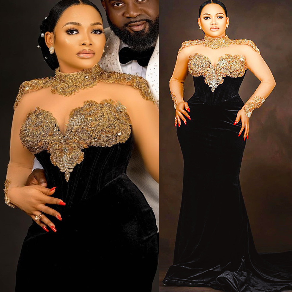 Arabic Aso Ebi Black Mermaid Prom Dresses Lace Beaded Crystals Evening Formal Party Second Reception Birthday Engagement Gowns Dress ZJ207