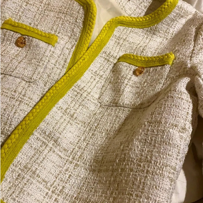 Women's Vintage Tweed Jacket - Yellow Plaid Overcoat With Pockets, Long Sleeve, Spring/Autumn Fashion B2