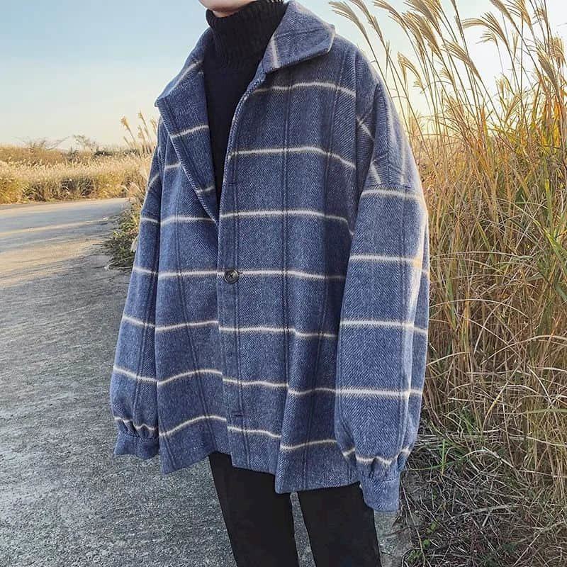 Men's Jackets Woolen jacket men's autumn winter high street big velvet thicke Korean loose trend Harajuku women woolen plaid elegant coat 22