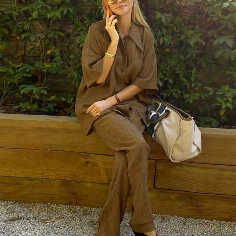 Women's Two Piece Pants Clacive Causal Loose Trouser Suits Autumn Short Sleeve Blouse With High Wasit Pants Set Women Elegant Brown 2 Piece Pants