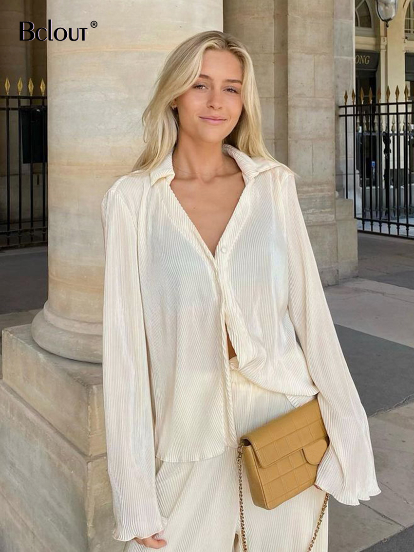 Women's Two Piece Pants Bclout Autumn Green Pants Suits Woman Flare Sleeve Fashion Loose Shirts Pleated Pants Set Two Pieces Fashion Womens Outfi
