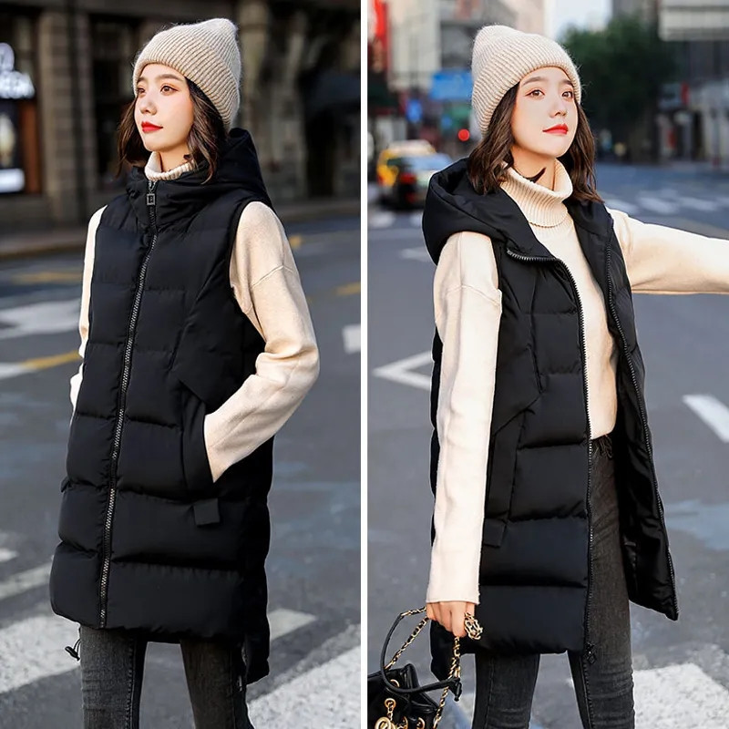 Women's Vests Women's Vest Jacket Down Cotton Vest Autumn Winter Jacket Hooded Long Coat Sleeveless Loose Female Waistcoat Snow Wear 221007