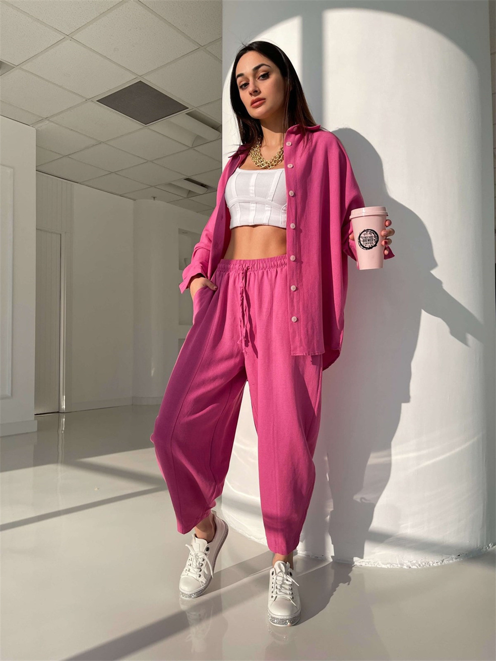 Women's Two Piece Pants spring and summer European and American casual suits solid color lapel long-sleeved shirt top harem pants two-piece set 2