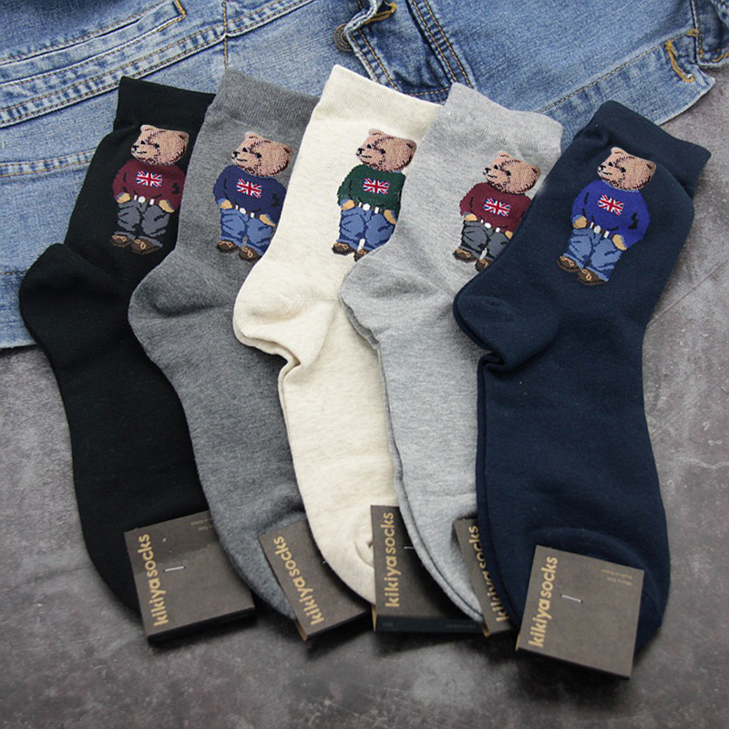 Mens Socks 5 Pairs Bear Mens Socks Cotton Cartoon Gentleman Harajuku Skateboard Socks Winter Warm Novelty Breathable Sox Christmas Gift 221007