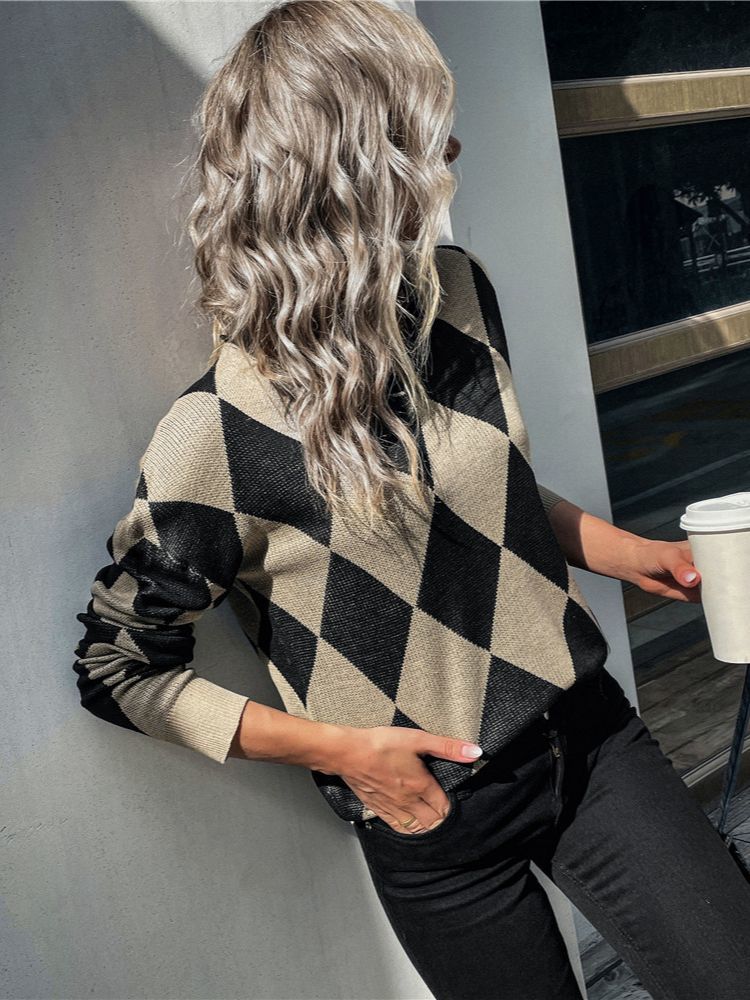 Women's Knits Tees Ladies Sexy Argyle Autumn Winter Sweater Women Pullover Tops Long Sleeve Casual Streetwear Knitted Jumpers Women Sweater Femal