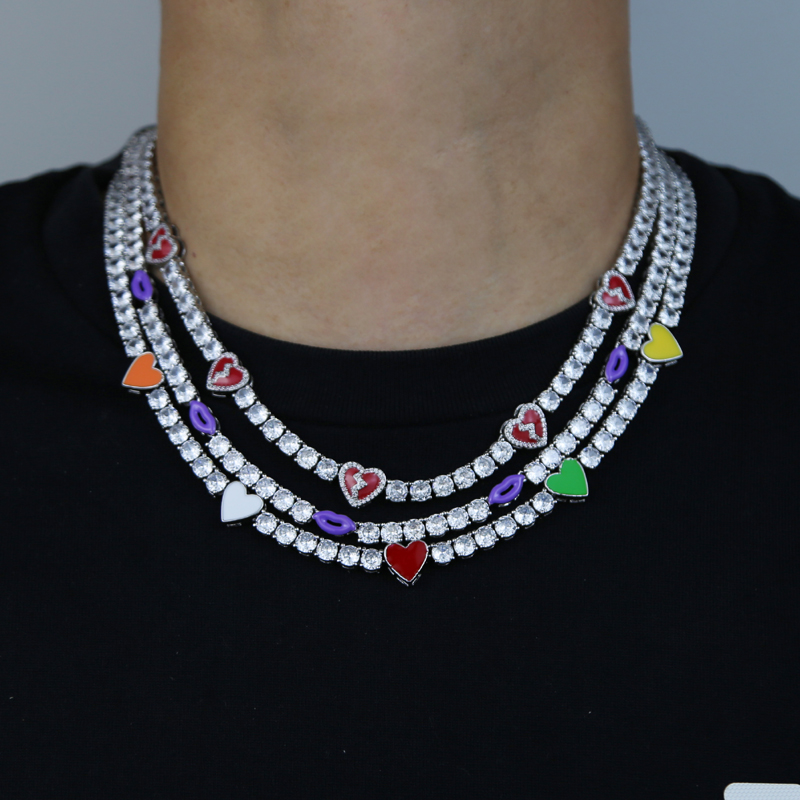 Iced Out Bg 5mm Cubic Zirconia Tennis Chain Necklace with Colorful Enamel Heart Lip Charm for Men and Women