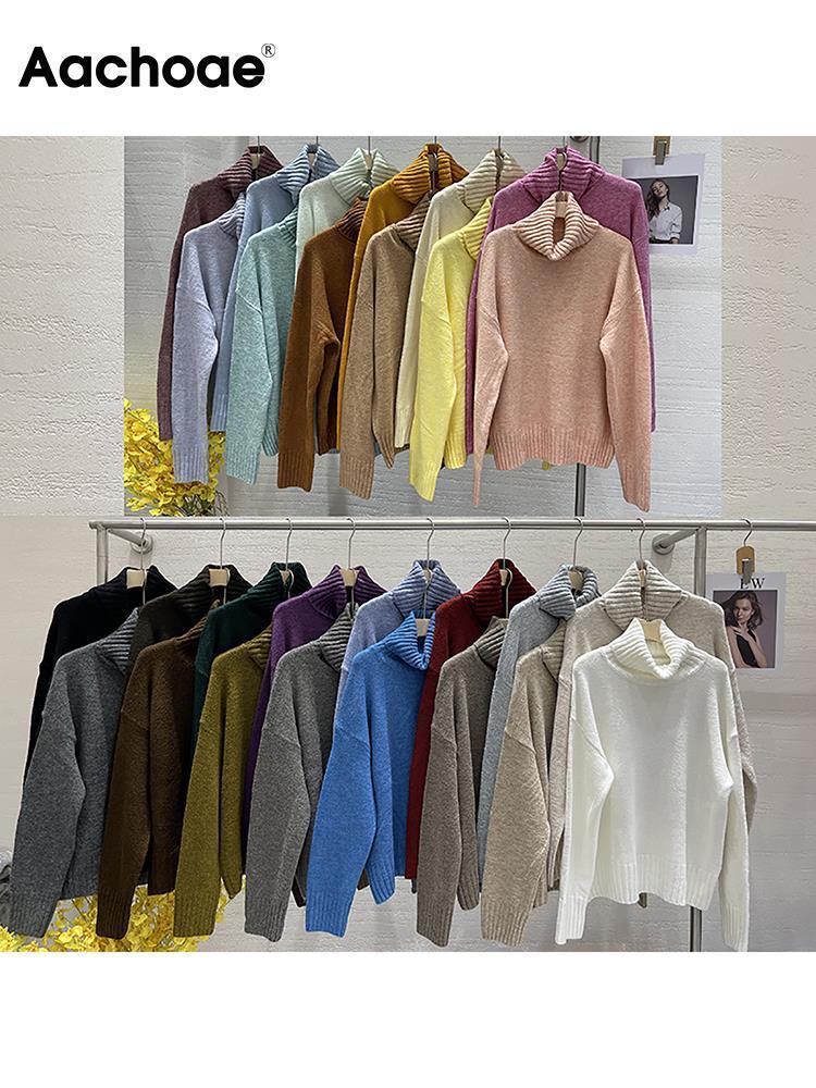 Women's Knits Tees Aachoae Autumn Winter Women Knitted Turtleneck Wool Sweaters Casual Basic Pullover Jumper Batwing Long Sleeve Loose Tops 22100