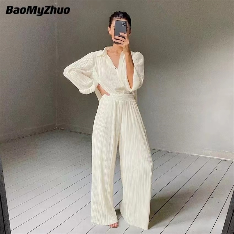 Women's Two Piece Pants Spring Autumn Two Piece Wide Leg Pant Suits Women Tracksuit Sets Casual Single Breasted Female Turn Down Collar Shirts To
