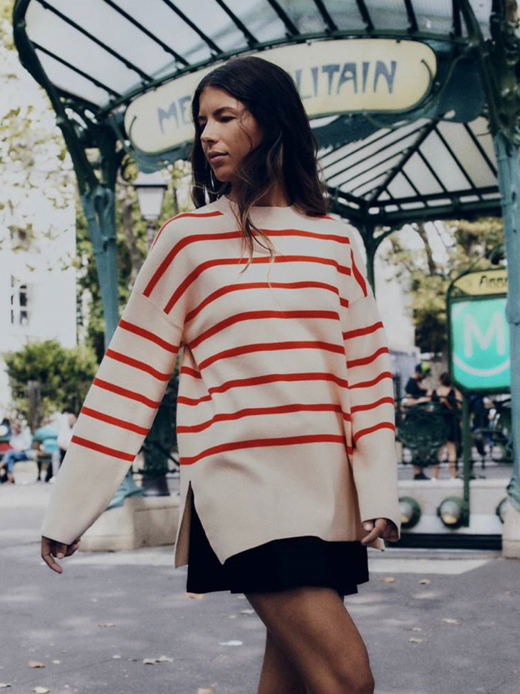 Women's Knits Tees Ladies Autumn Winter Sweater Women Striped Basic Loose Warm Soft Pullover Casual Knitted Jumper Chic Women Sweater Top Female 