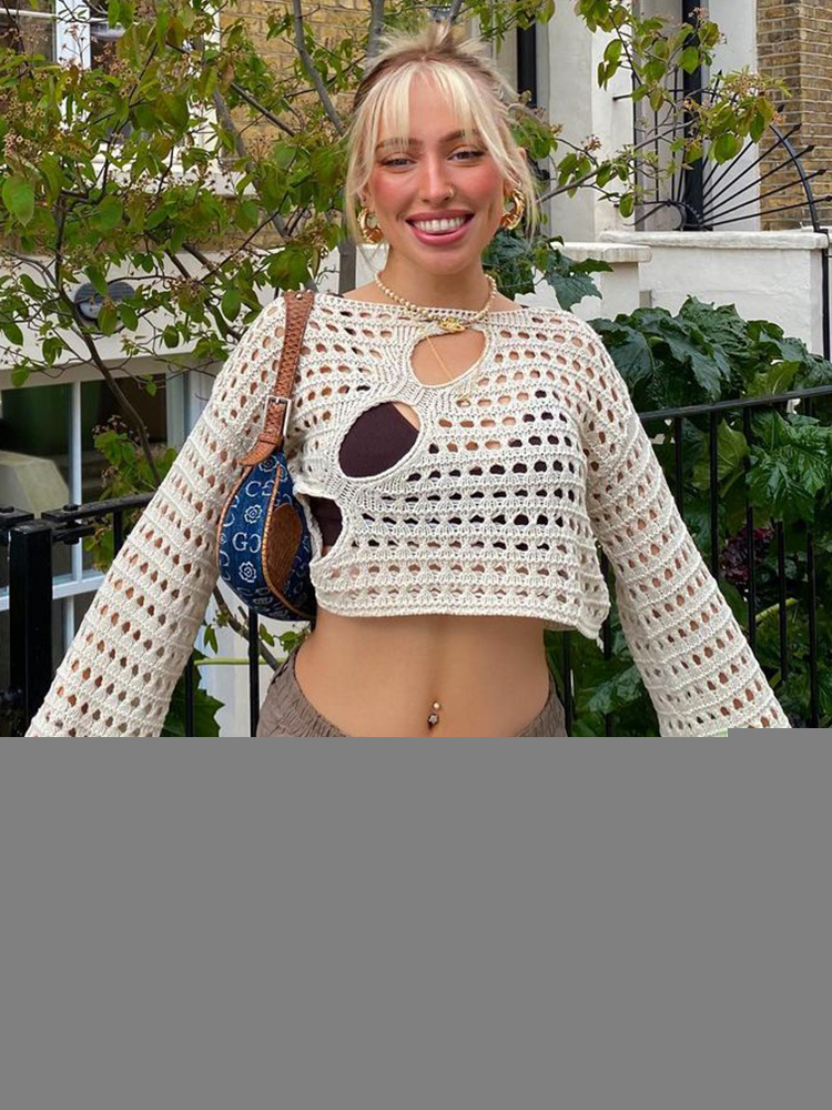 Women's Sweaters Cuteandpsycho Y2K Hollow Out Cropped Knit Smock Top Vintage Loose Distressed Crochet Pullovers Casual Fairycore Chic Crop Cloth 