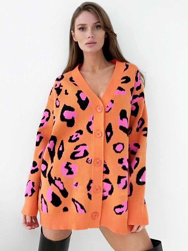 Women's Knits Tees Ladies Vintage Leopard Autumn Winter Sweater Women Cardigan Female Casual Warm Oversize Loose Knitted Jacket Coat Women Sweate