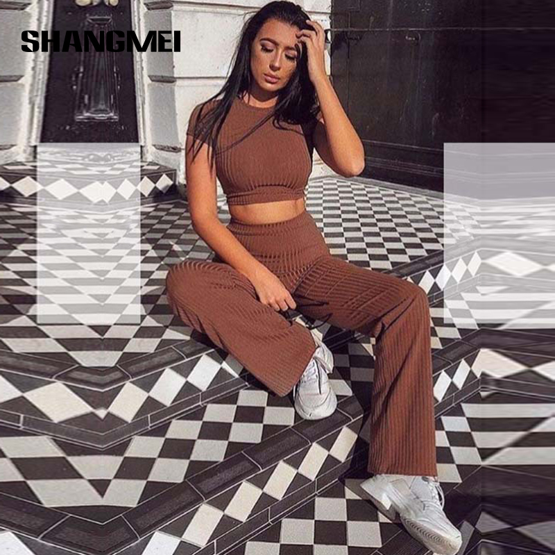 Women's Two Piece Pants Fashion Women Sets Casual Solid Rib Knit Short Sleeve Crop Top High Waist Wide Leg Pants Suits Lady Tracksuit Loungewear 