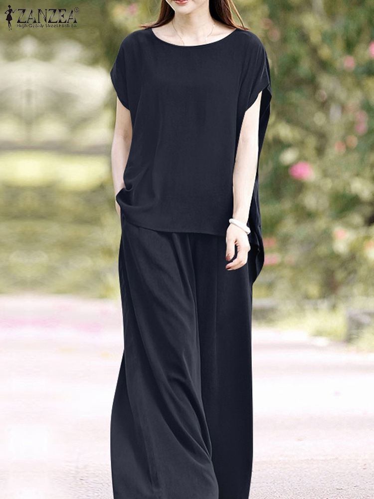 Women's Two Piece Pants ZANZEA Oversized Summer Trousers Suits 2PCS Women Matching Sets Fashion Short Sleeve Blouse Wide Leg Pants Sets Loose Tra