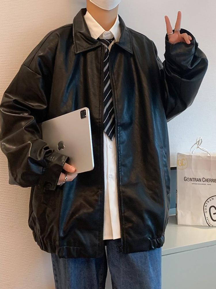 Men's Leather Faux Gmiixder Handsome PU Jacket Trend High Street Autumn and Winter Loose All-match Teen Solid Lapel Coat Men 221006