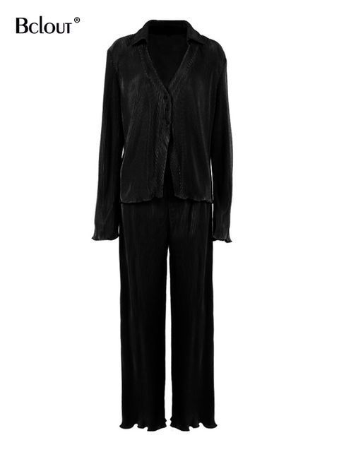 Women's Two Piece Pants Bclout Autumn Green Pants Suits Woman Flare Sleeve Fashion Loose Shirts Pleated Pants Set Two Pieces Fashion Womens Outfi