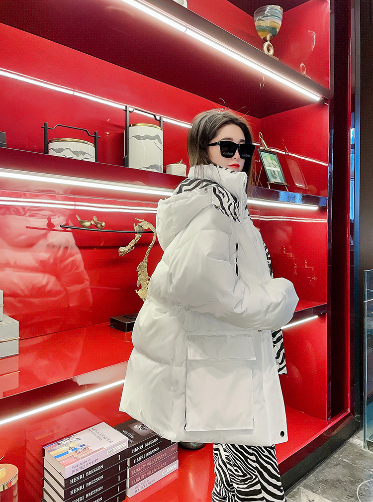Women's Down Parkas Winter Jacket Female Fashion Zebra Pattern Loose Down Cotton Coat Loose Hooded Bread Clothing Women's Down Jackets 22100