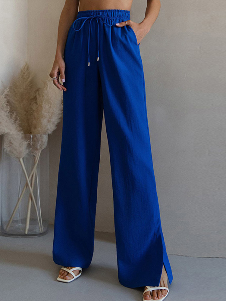 Women's Two Piece Pants Cotton Shirt Long Pants Set Female Single-breasted Lapels Long Sleeve Shirt Suit High Waist Lace Up Slit Wide Leg Pants S