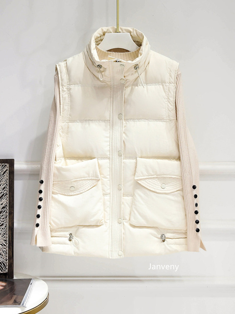 Women's Vests Janveny Winter Autumn Women Down Vest Black Stand Collar Windproof Gilet Sleeveless Puffer Feather Parka 90 Duck Down Waistcoat 221