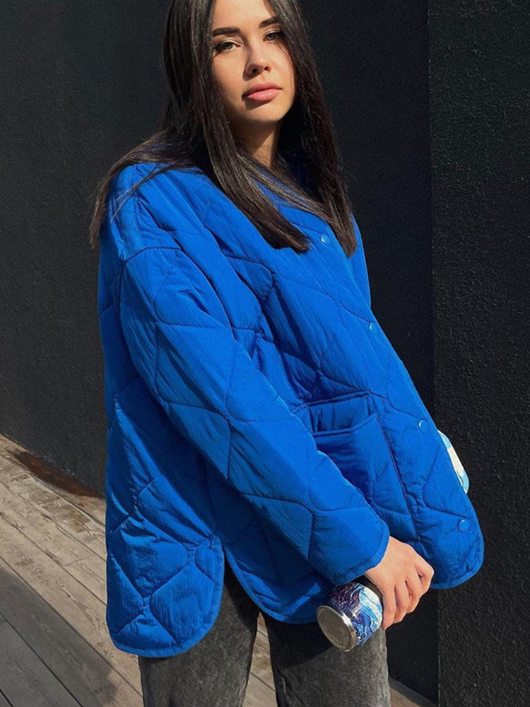 Women's Down Parkas Cryptographic Winter Blue Oversize Puffer Jackets for Women Casual Fashion Warm Cotton Button Down Quilted Coat and Jacket Lo