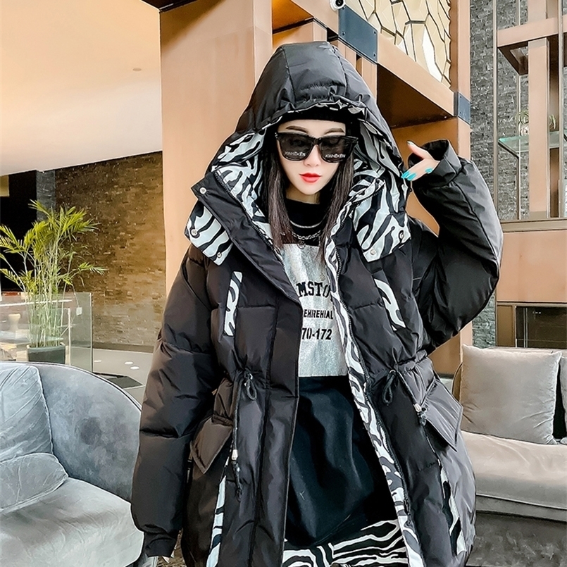 Women's Down Parkas Winter Jacket Female Fashion Zebra Pattern Loose Down Cotton Coat Loose Hooded Bread Clothing Women's Down Jackets 22100