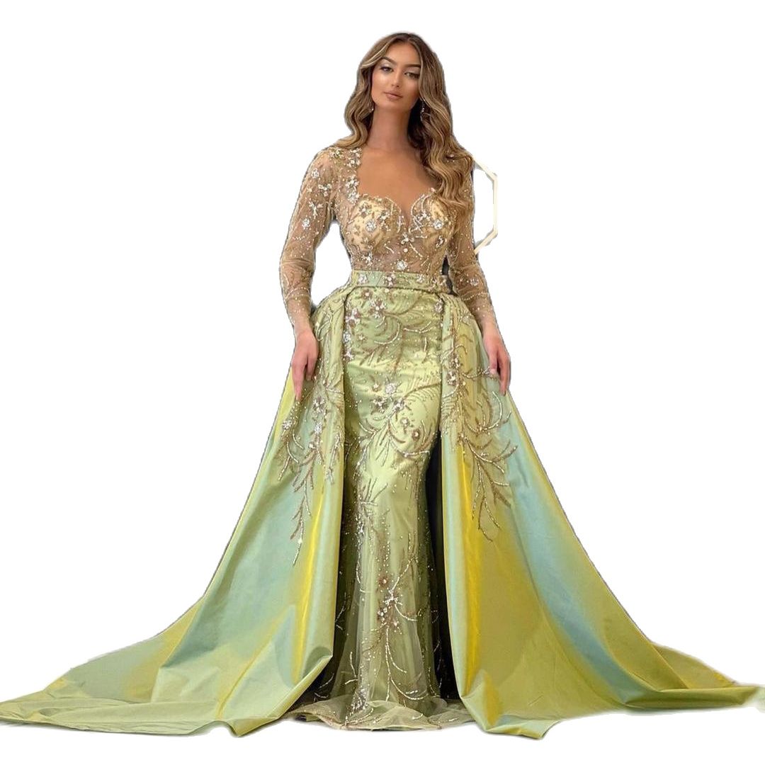Luxurious Beads Mermaid Evening Dress Detachable Train Illusion Full Sleeve Custom Made Women Crystal Party Gown Prom Robe