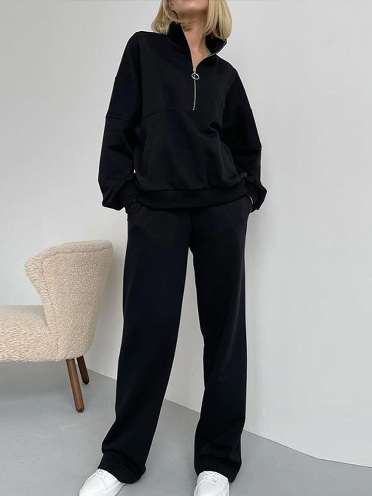 Women's Two Piece Pants Solid Half-Zipper Collar Loose Two-Piece Sets Women Casual Matching Sets Autumn Winter Female Pullovers and Wide-leg Pant