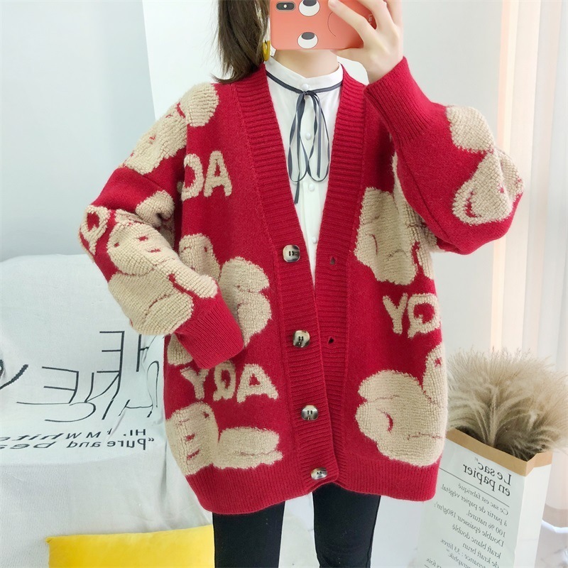 Women's Knits Tees Autumn Winter Knitted Female Cardigan Loose Streetwear Knit Sweater Coat Cute Cartoon Print VNeck Cardigan Women Jacket 221007