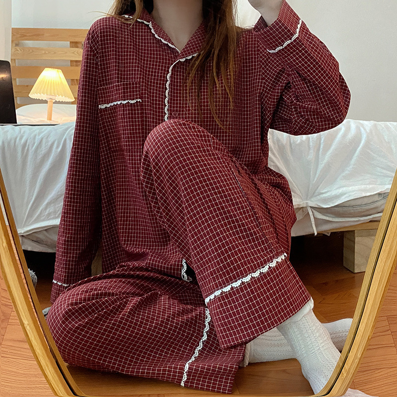 Women's Sleepwear Yasuk Spring Summer Fashion Casual Lovely Plaid Nightgow Retro Pajamas Set With Pants Trouser Year Soft 221007