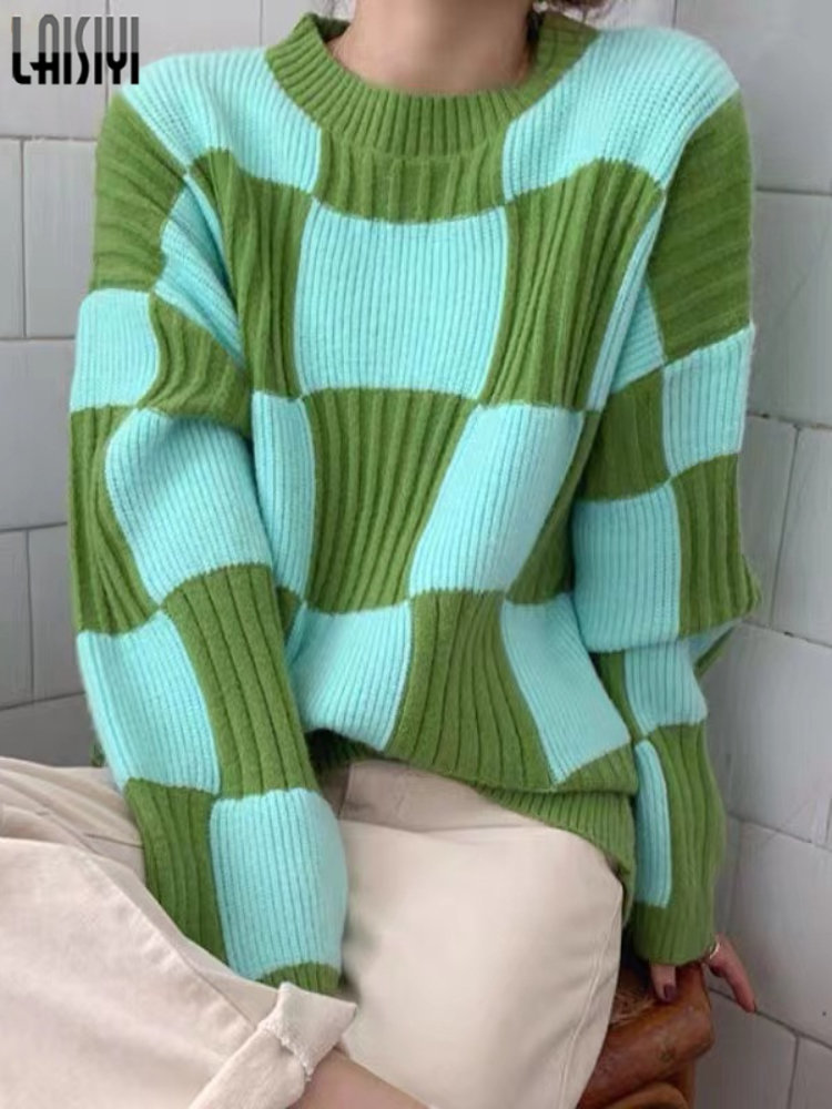 Women's Sweaters LAISIYI Thick Women Pullovers Y2k Clothes Autumn Winter Checkerboard Loose Long Sleeve Knitted Sweater Jumpers ladies 221007