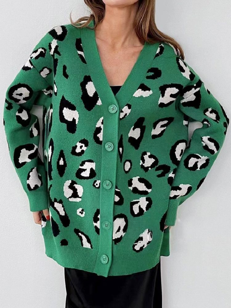 Women's Knits Tees Ladies Vintage Leopard Autumn Winter Sweater Women Cardigan Female Casual Warm Oversize Loose Knitted Jacket Coat Women Sweate