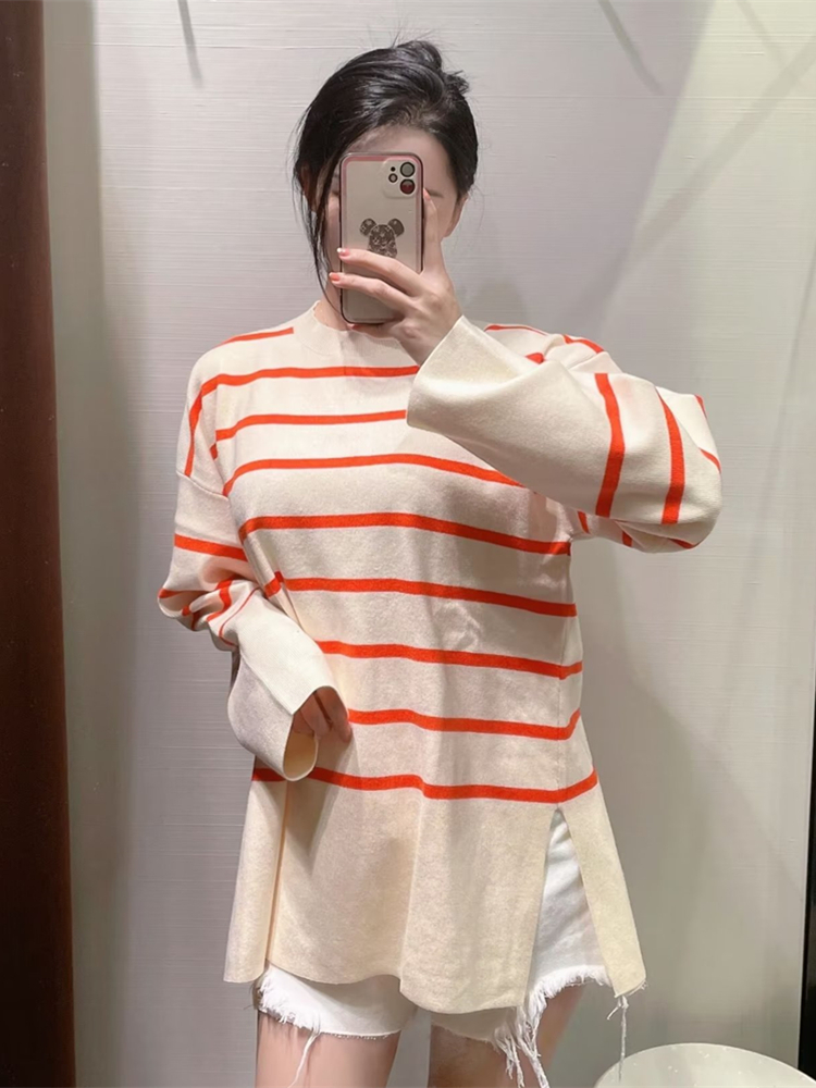 Women's Knits Tees Ladies Autumn Winter Sweater Women Striped Basic Loose Warm Soft Pullover Casual Knitted Jumper Chic Women Sweater Top Female 